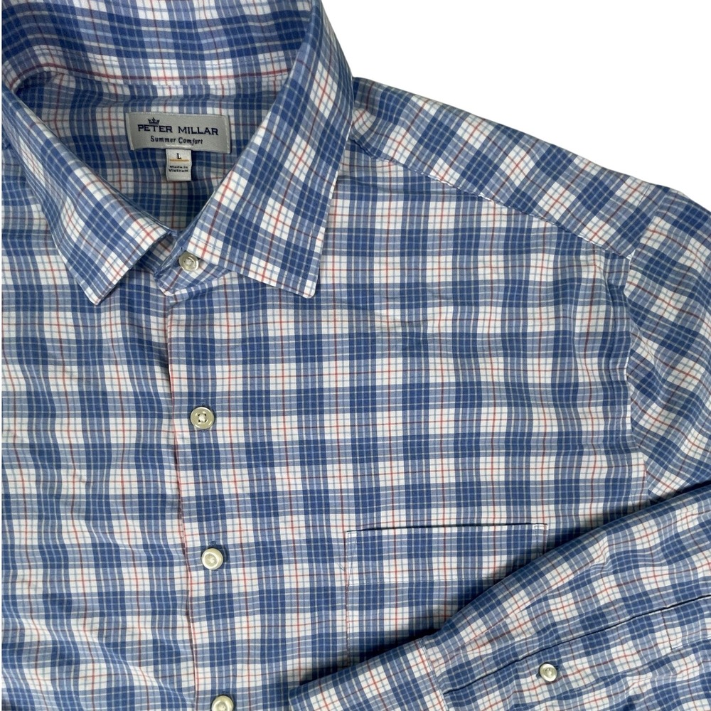 Peter Millar Shirt Mens L Blue Summer Comfort Plaid Button Down Long Sleeve